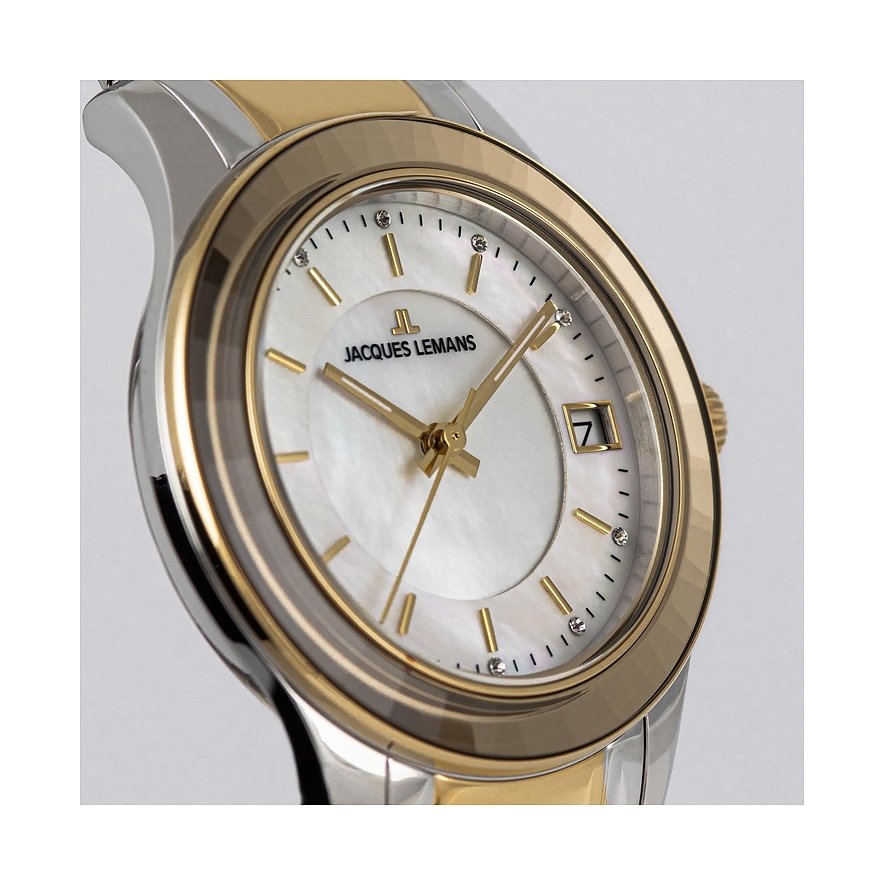 Jacques Lemans damklocka i rostfritt stål, tvåfärgad, med glaskristaller.