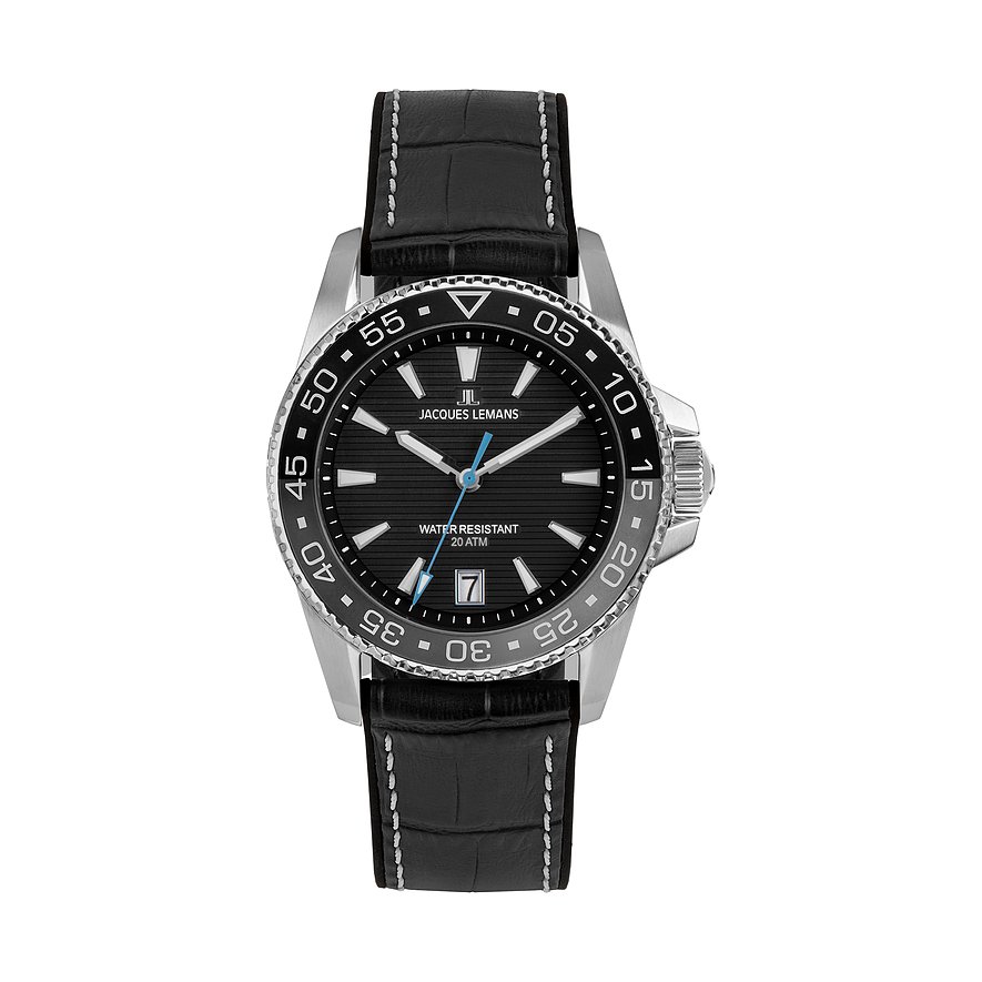 Jacques Lemans Herrenuhr Liverpool Diver 1-2205A, Herren, Edelstahl, Armband: Leder, Quarz, analog