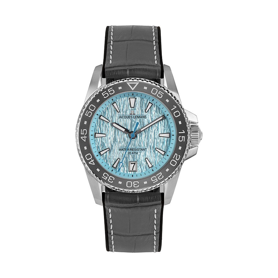 Jacques Lemans Herrenuhr Liverpool Diver 1-2205F, Herren, Edelstahl, Armband: Leder, Quarz, analog