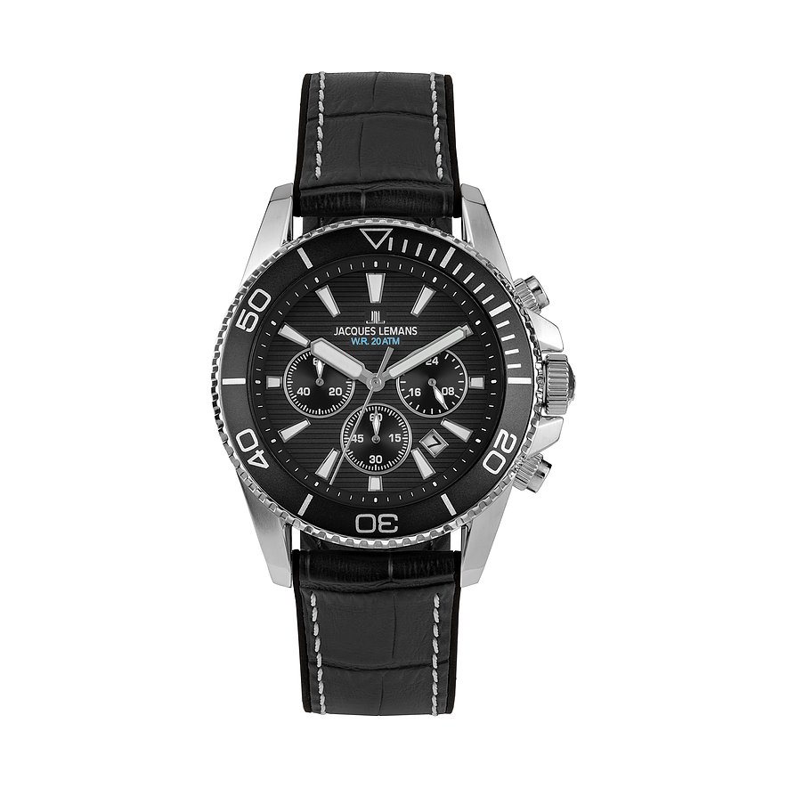 Jacques Lemans Chronograph Liverpool Diver 1-2206A, Herren, Edelstahl, Armband: Leder, Quarz, analog