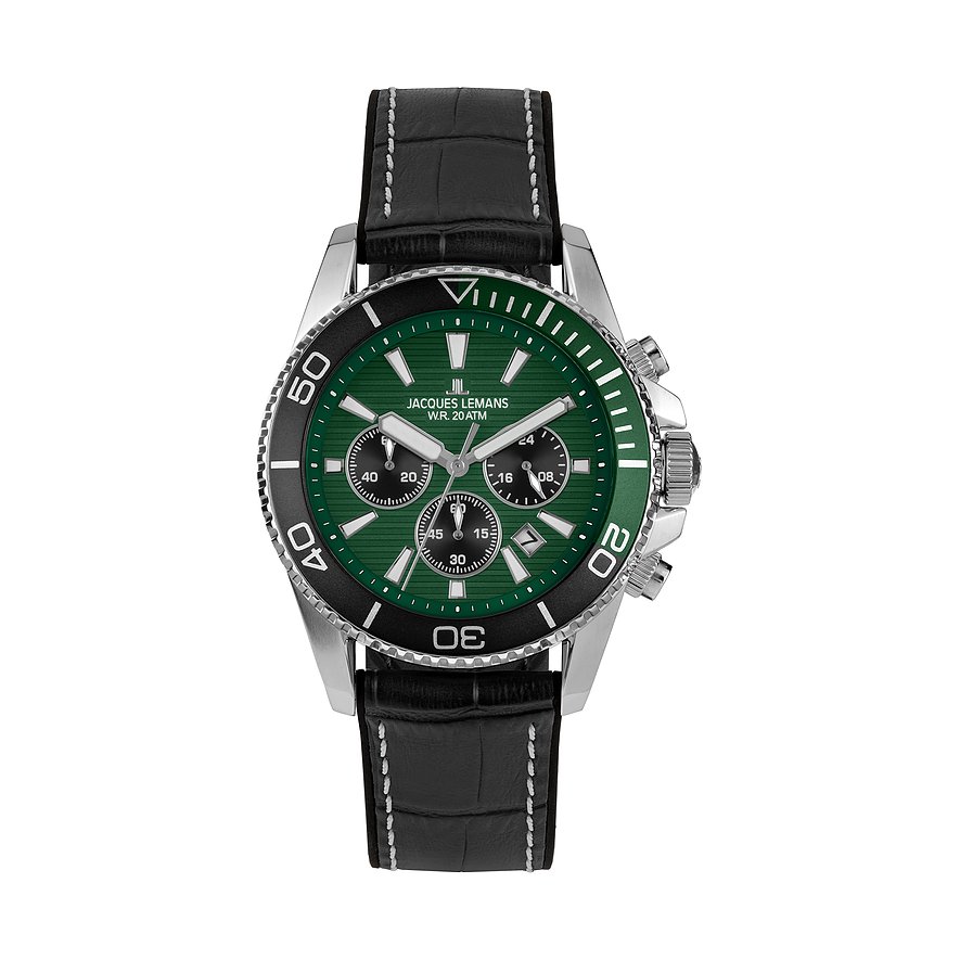 Jacques Lemans Chronograph Liverpool Diver 1-2206C, Herren, Edelstahl, Armband: Leder, Quarz, analog