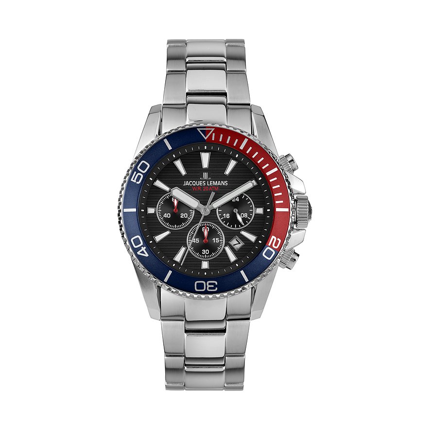 Jacques Lemans Chronograph Liverpool Diver 1-2206J, Herren, Edelstahl, Armband: Edelstahl, Quarz, analog