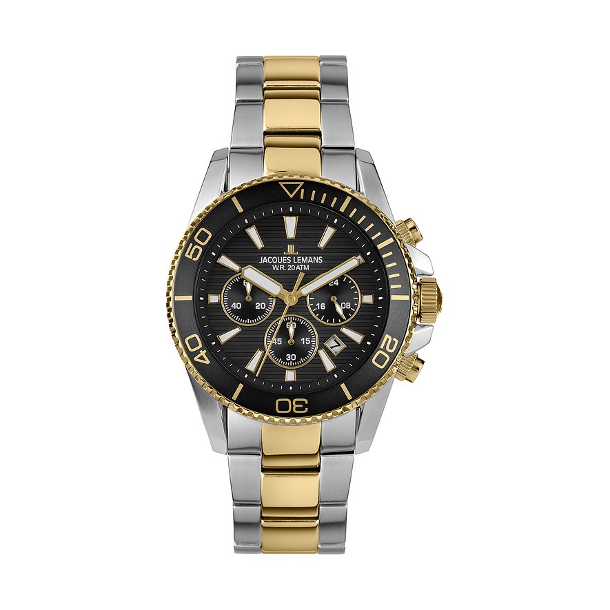 Jacques Lemans Chronograph Liverpool Diver 1-2206L, Herren, Edelstahl, Armband: Edelstahl, Quarz, analog