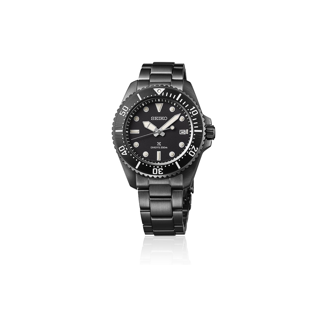 Seiko Herrenuhr aus Edelstahl, schwarz, analog, mit Datum.