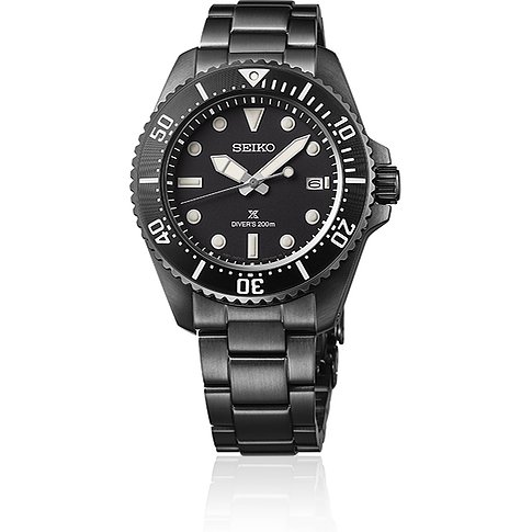 Seiko Herrenuhr aus Edelstahl, schwarz, analog, mit Datum.