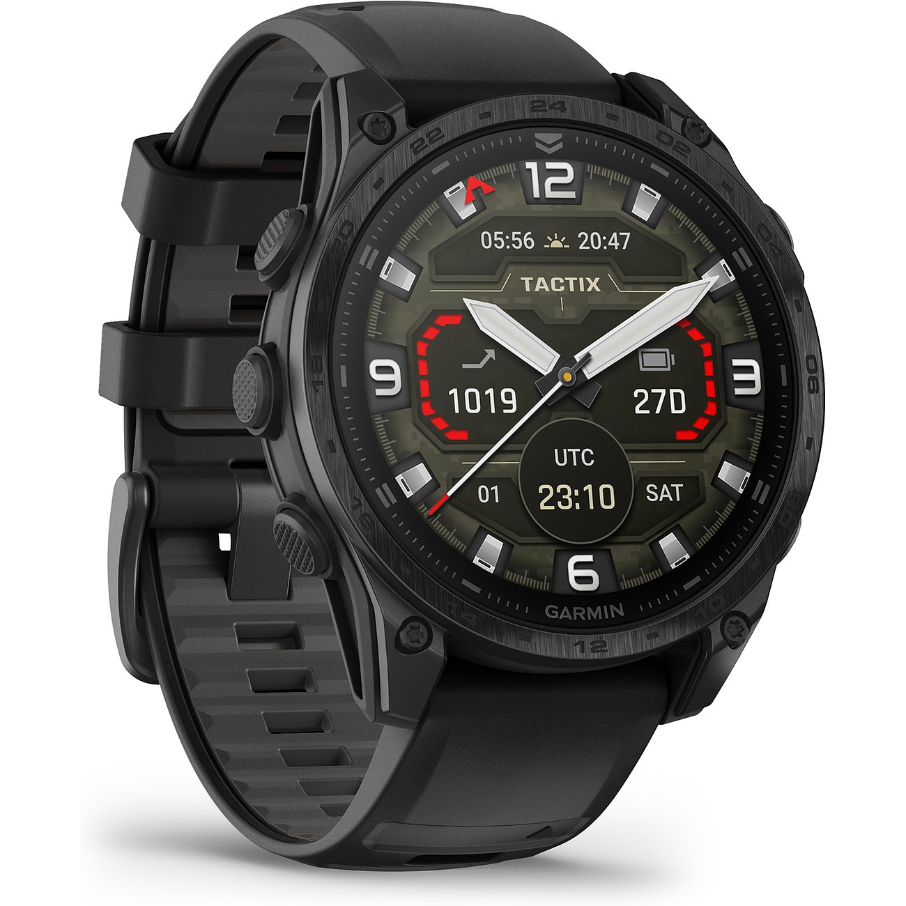 Garmin Smartwatch mit Titan-Gehäuse, analog/digital, taktisches Zifferblatt.