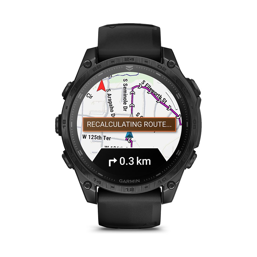 Garmin Smartwatch mit Titan-Gehäuse und Kunststoff-Armband, analoge Anzeige mit Karte.