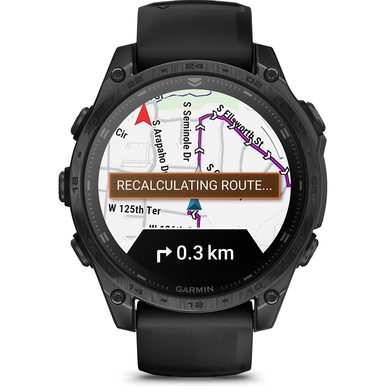 Garmin Smartwatch mit Titan-Gehäuse und Kunststoff-Armband, analoge Anzeige mit Karte.