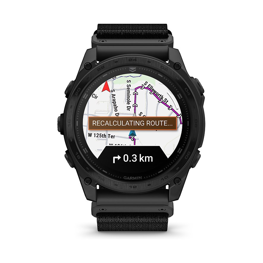 Garmin Smartwatch mit Titan-Gehäuse, analoge Anzeige und Karte.