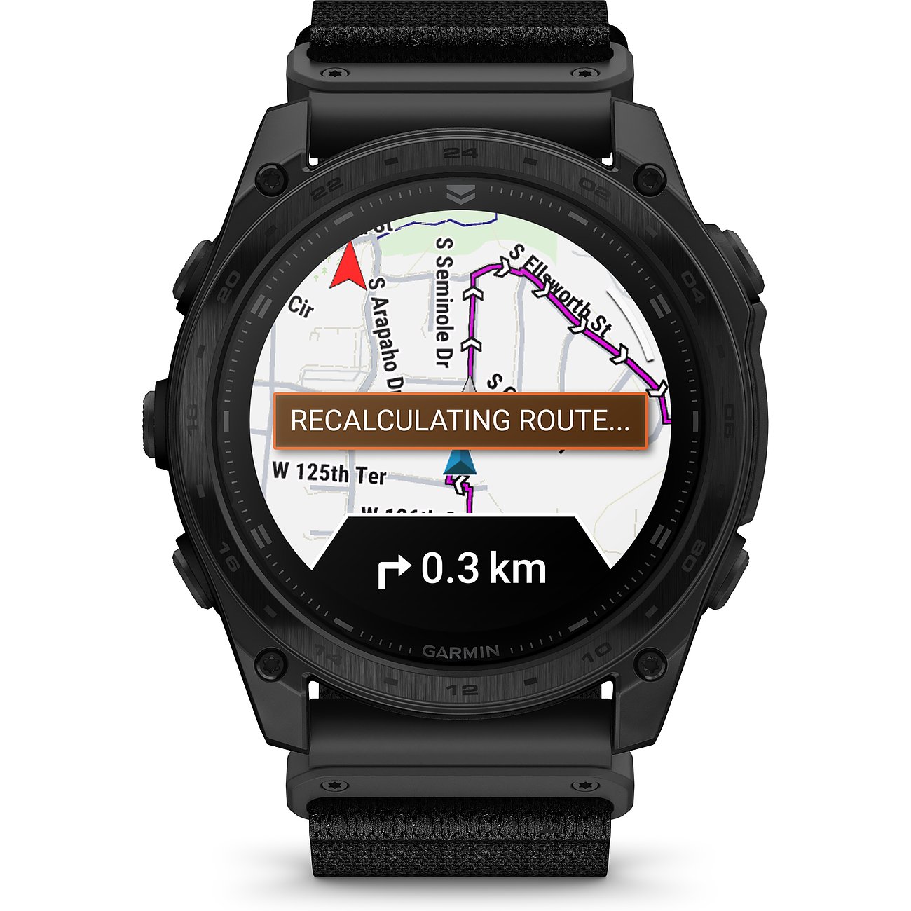 Garmin Smartwatch mit Titan-Gehäuse, analoge Anzeige und Karte.
