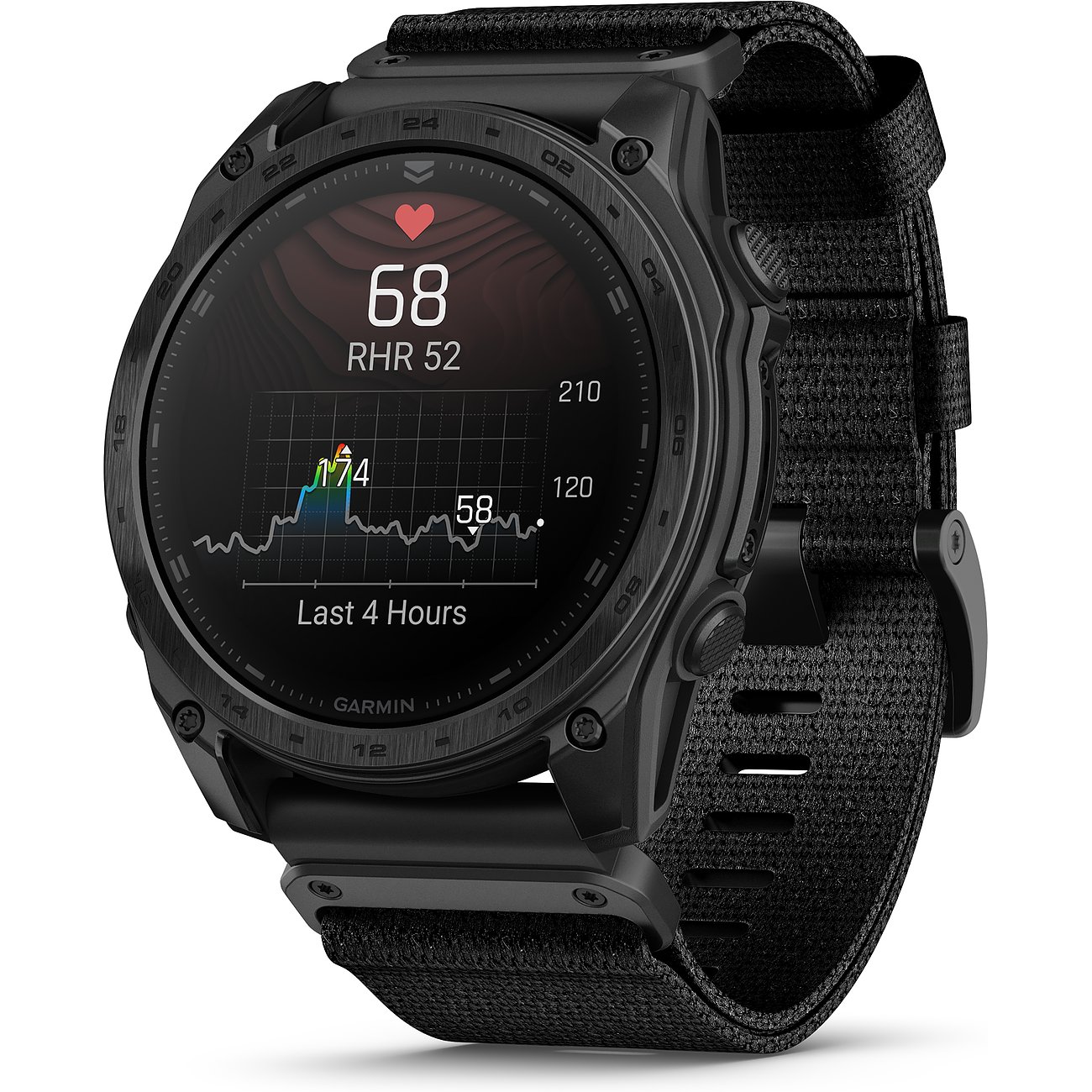 Garmin Smartwatch mit Titangehäuse, schwarzem Armband und digitaler Anzeige.