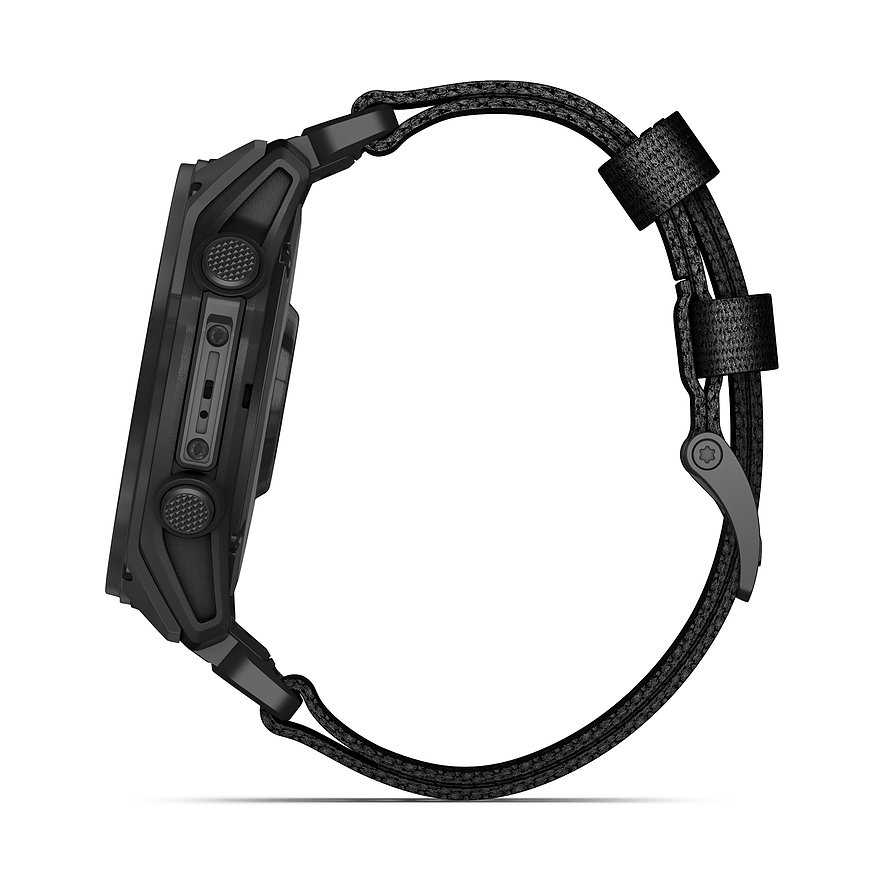 Garmin Smartwatch aus Titan mit Kunststoff, schwarzes Gehäuse, mit Knöpfen.