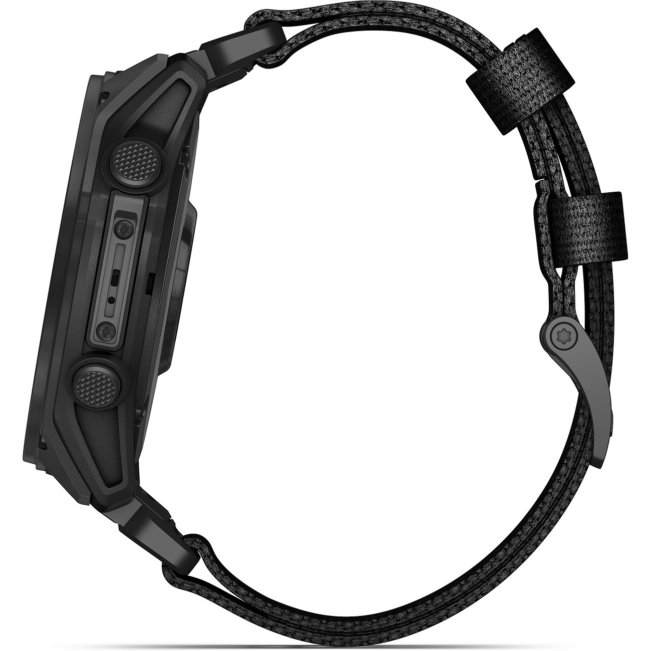 Garmin Smartwatch aus Titan mit Kunststoff, schwarzes Gehäuse, mit Knöpfen.
