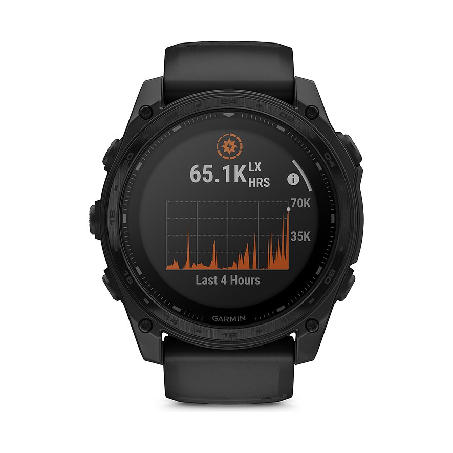 Garmin Smartwatch mit Titangehäuse, analog/digital, schwarzes Design.