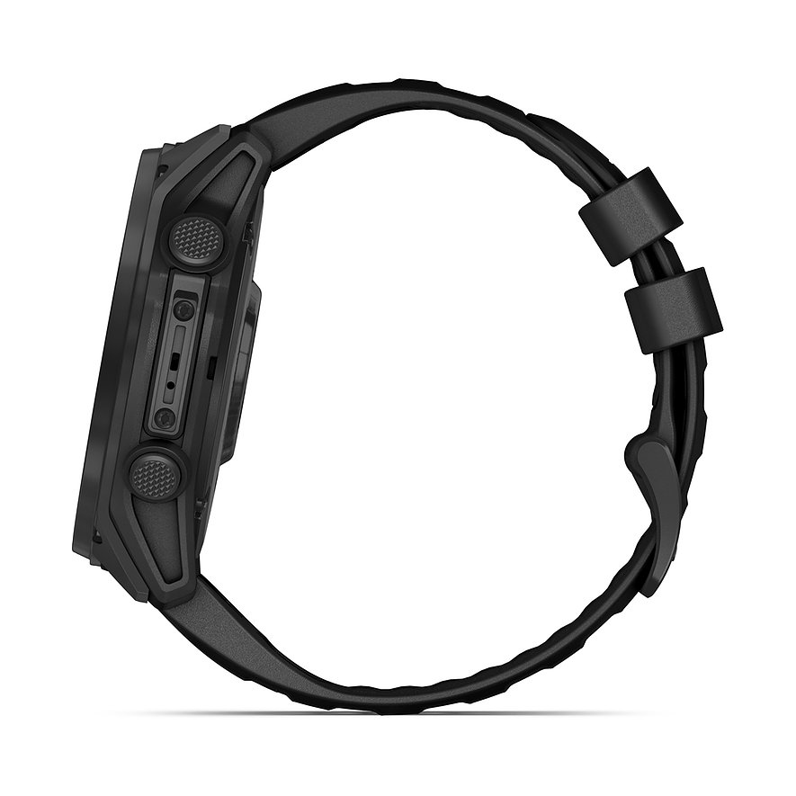 Garmin Smartwatch mit Titangehäuse, Kunststoffarmband und schwarzen Tasten.