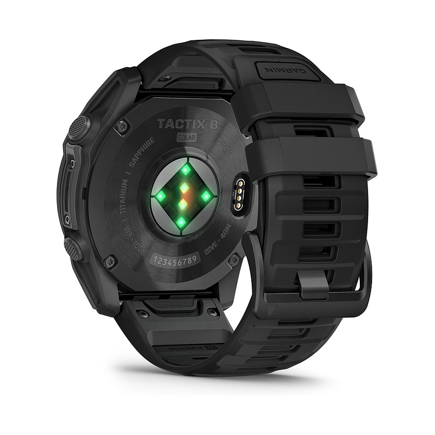 Garmin Smartwatch aus Titan mit Kunststoffarmband und Herzfrequenzsensor.