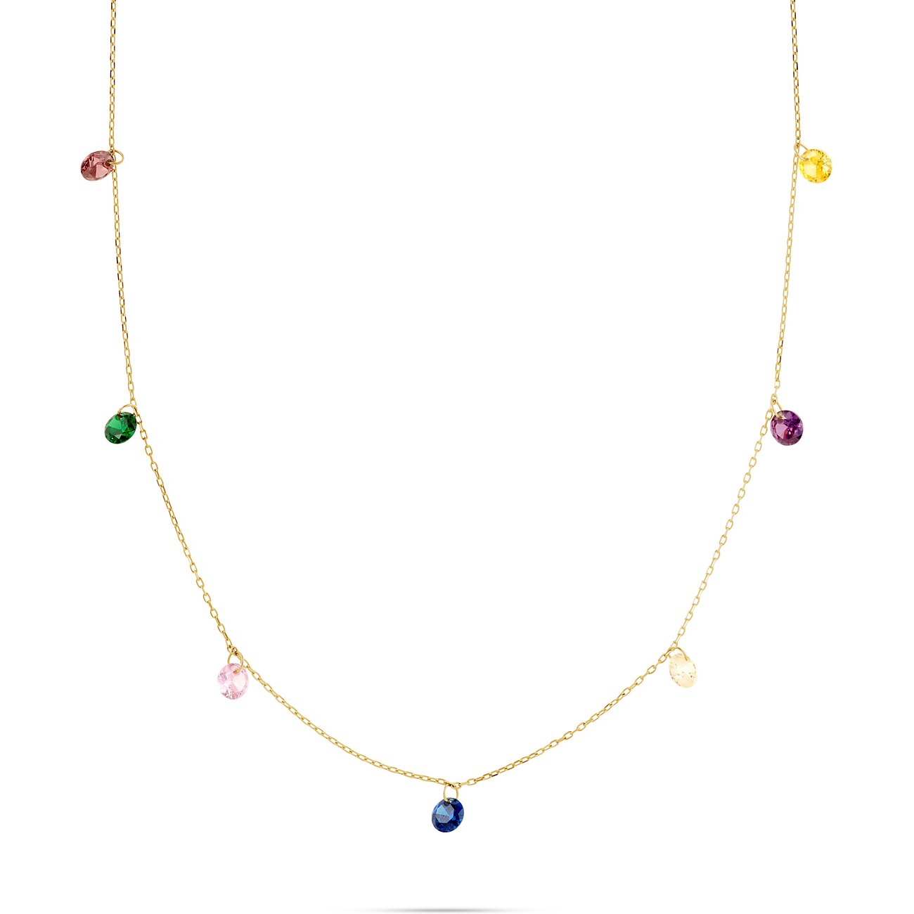 Collier FAVS en or jaune 375 avec zircones colorées, simple et élégant sur fond blanc.