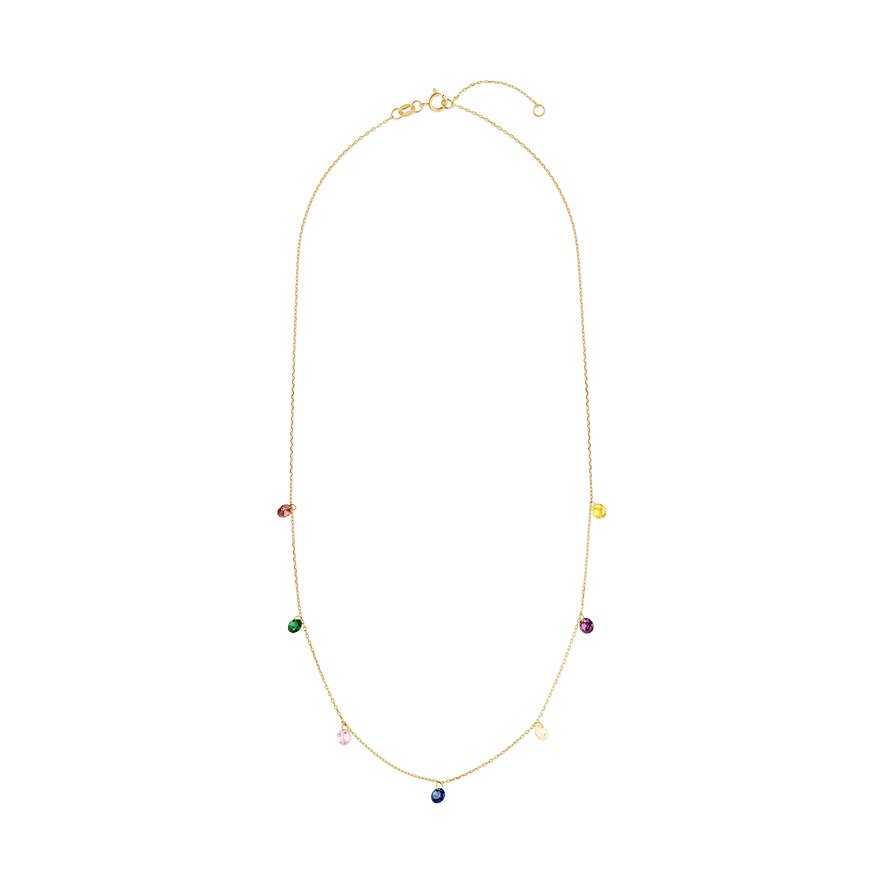 Collier FAVS en or jaune 375 avec zircones colorés, attachés lâchement à la chaîne.