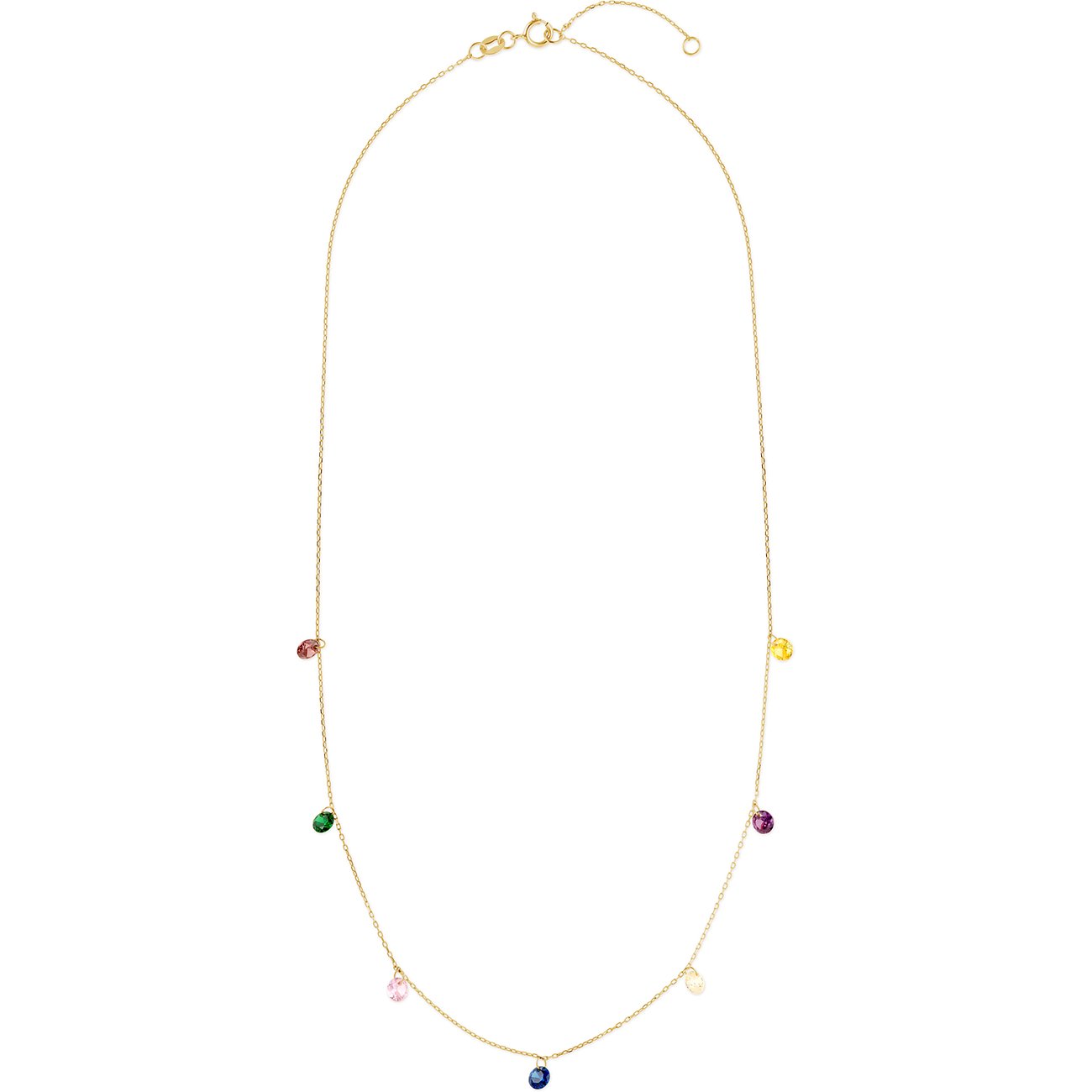 Collier FAVS en or jaune 375 avec zircones colorés, attachés lâchement à la chaîne.