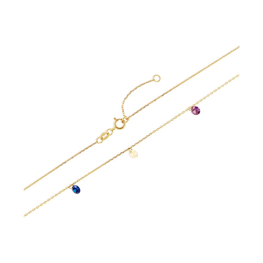 Chaîne or jaune 375 FAVS avec pierres zircone bleues et violettes, et petite plaque dorée.