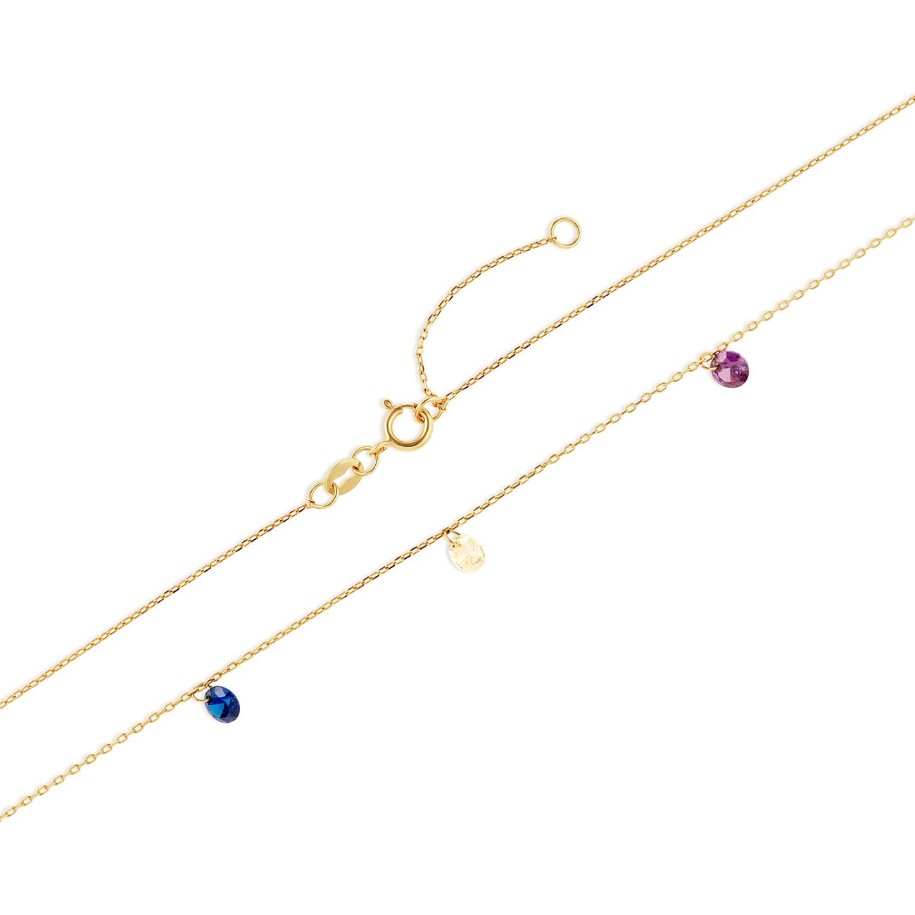 Chaîne or jaune 375 FAVS avec pierres zircone bleues et violettes, et petite plaque dorée.