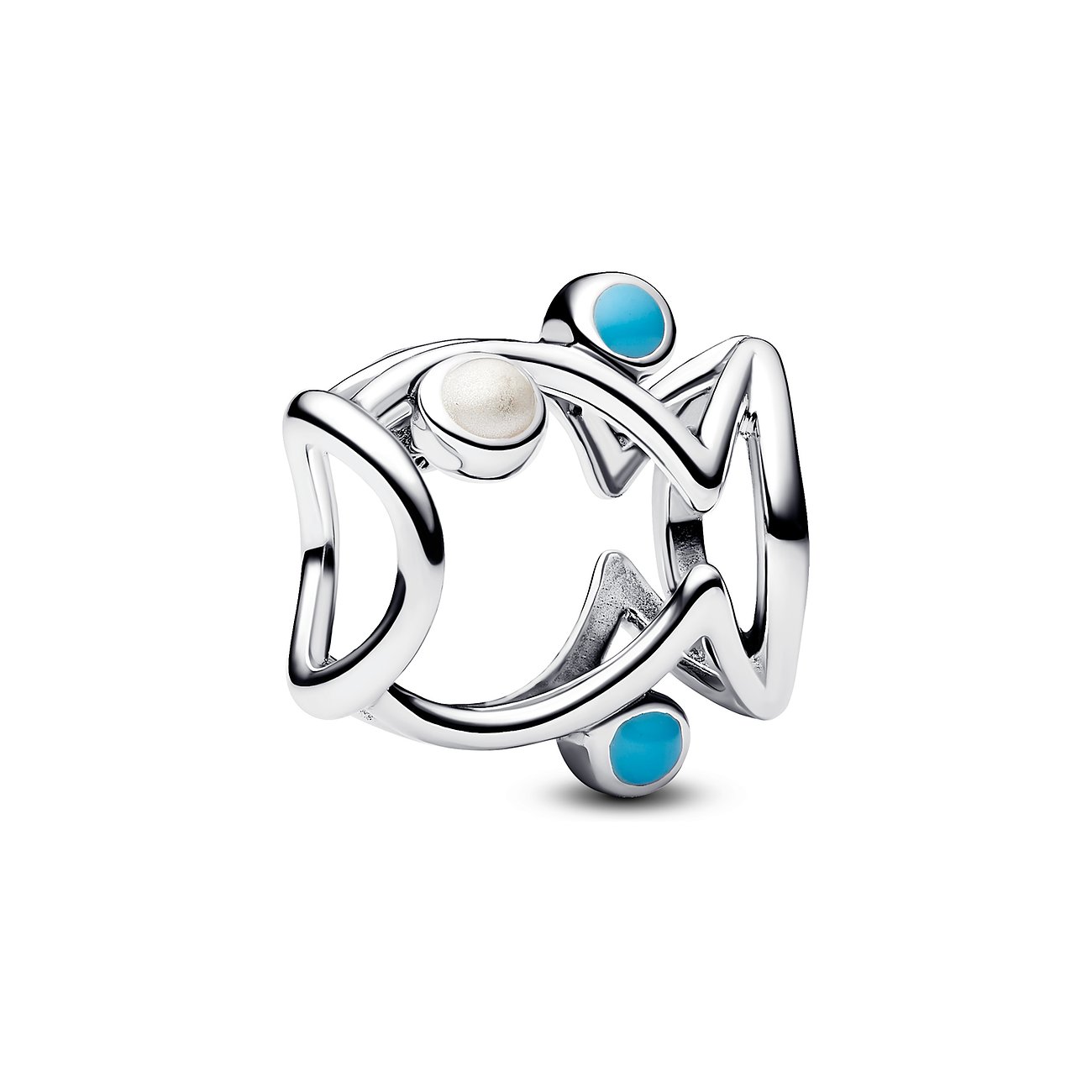 Pandora Anhänger aus Silber mit blauen und weißen Steinen.