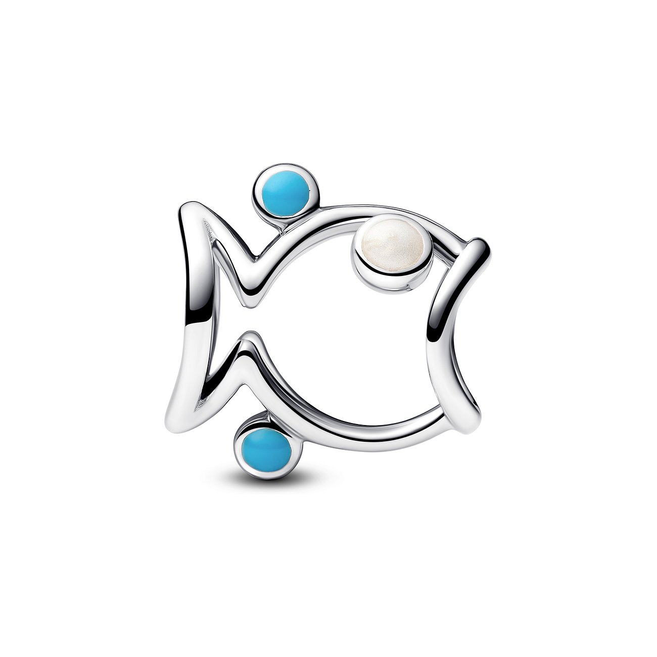 Pandora Anhängeschmuck aus Silber mit blauen und weißen Steinen in Fischform.