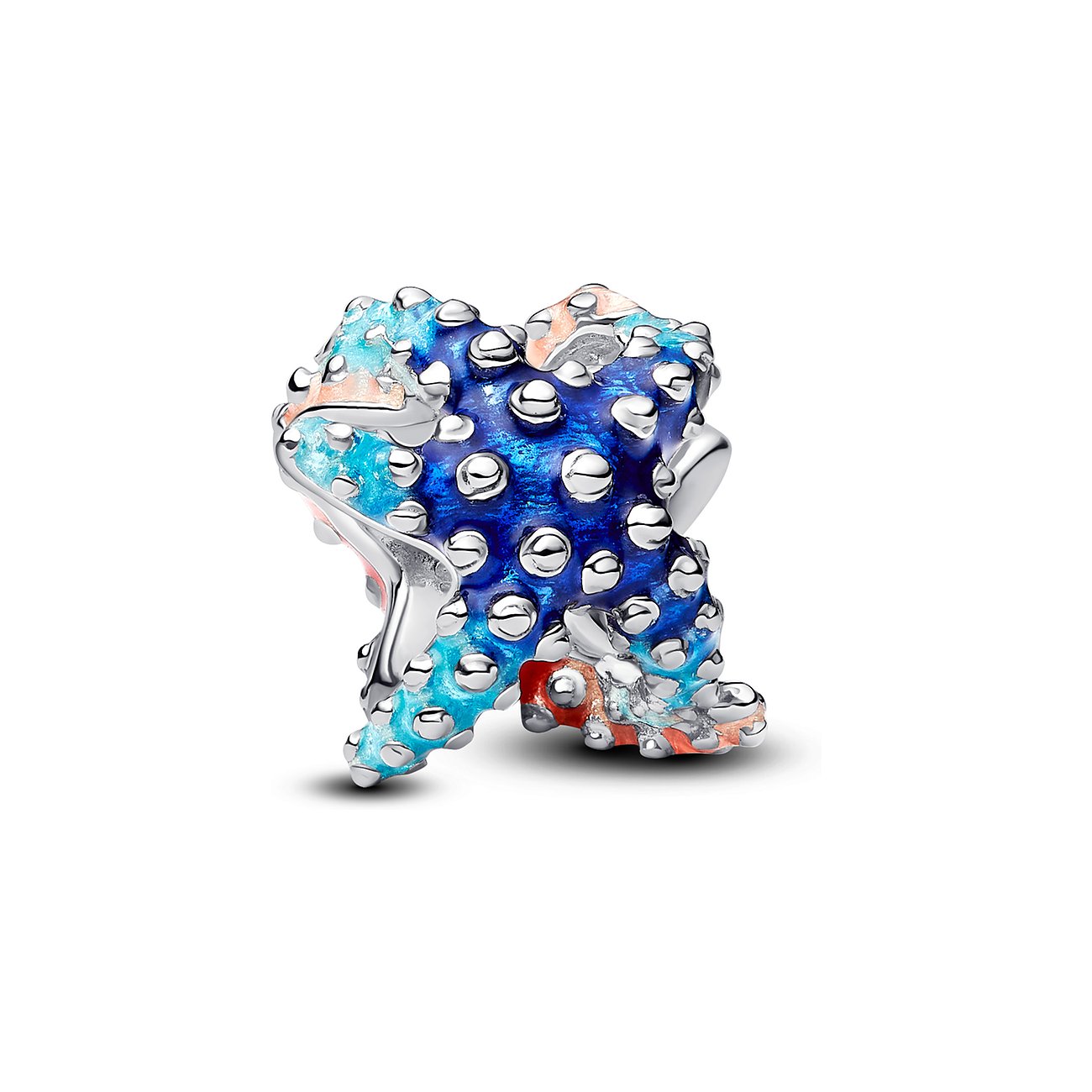 Pandora Anhängeschmuck aus Silber mit blauer Emaille und silbernen Kugeln.