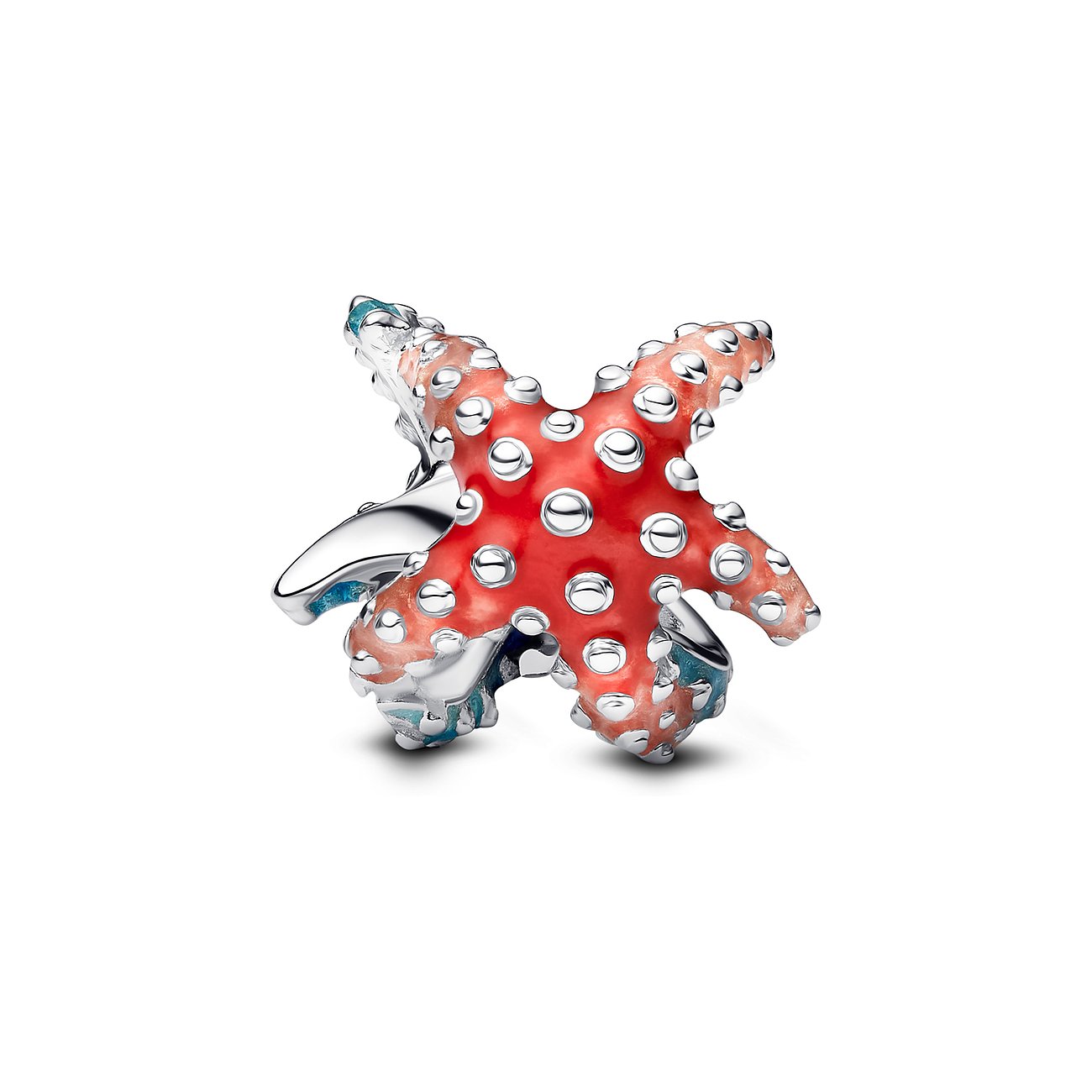 Pandora Anhängeschmuck aus Silber mit roter Emaille und Kugeln.