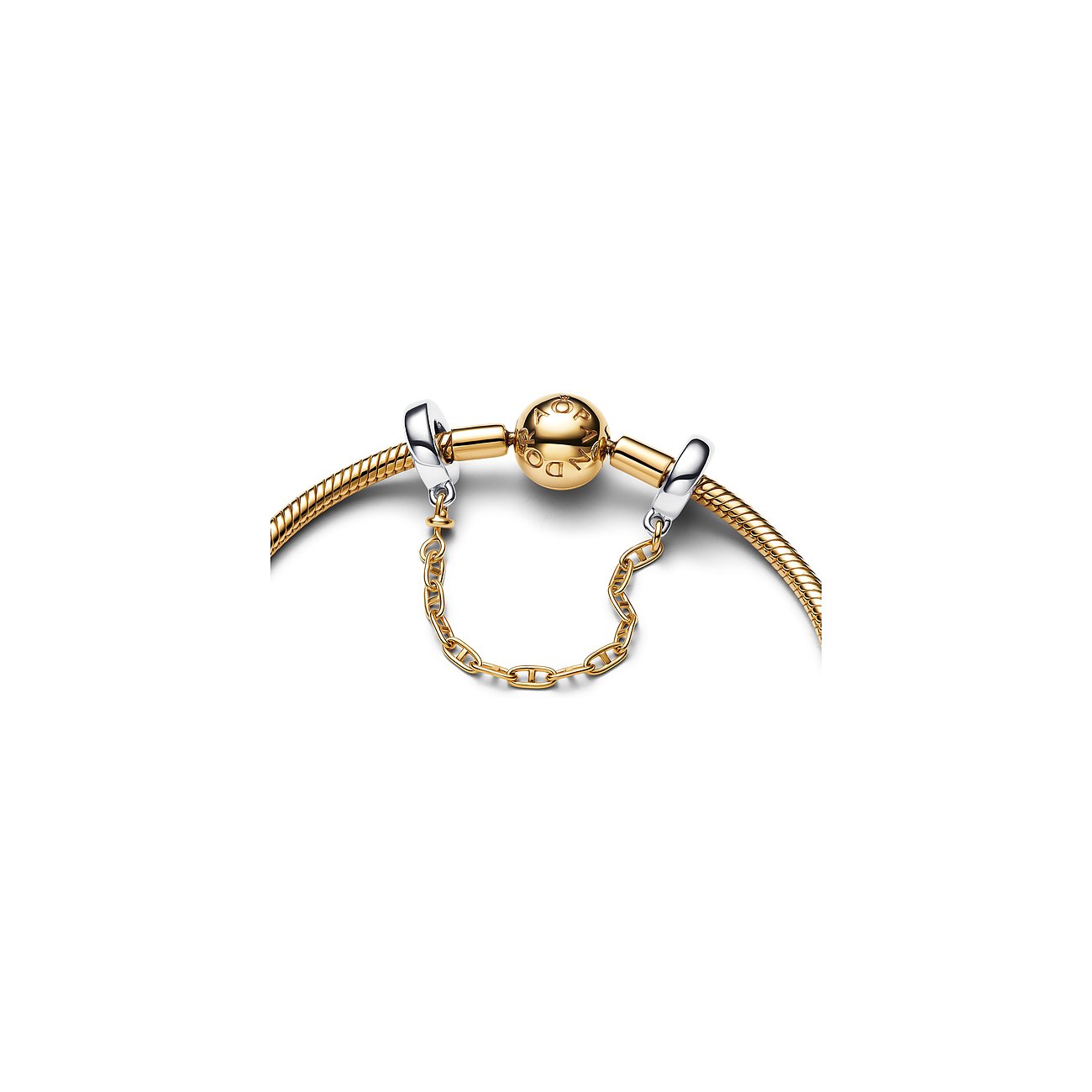 Pandora Sicherheitskette aus Silber und Metall mit goldfarbenen Gliedern.