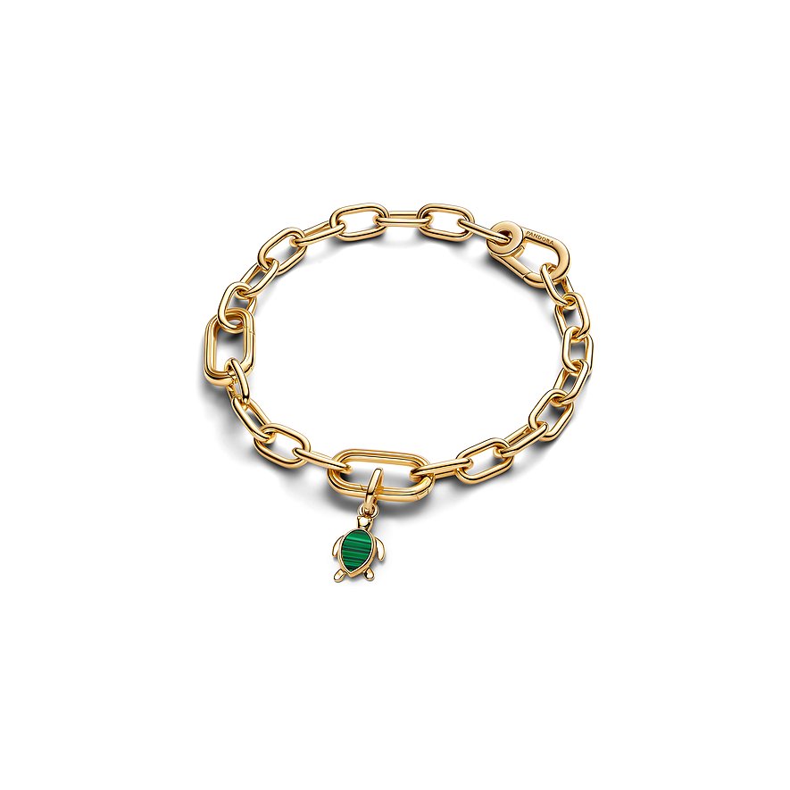 Pandora Armband aus Metall mit Malachit-Schildkrötenanhänger und Gliederkette.