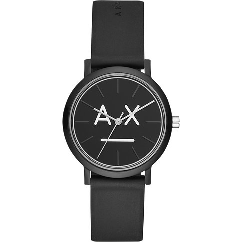 Armani Exchange Damenuhr mit schwarzem Perlon-Armband und weißem Smiley-Zifferblatt.