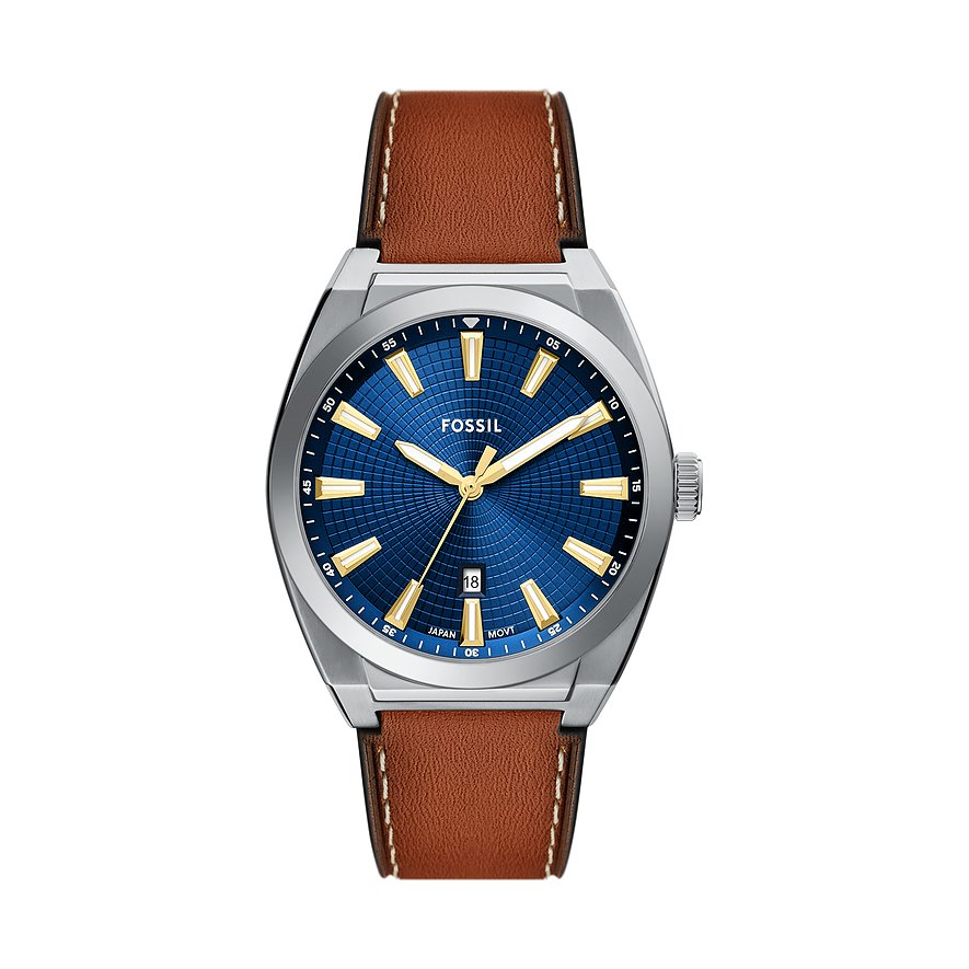 Fossil Herrenuhr Everett FS6115, Herren, Edelstahl, Armband: Leder, Quarz, analog