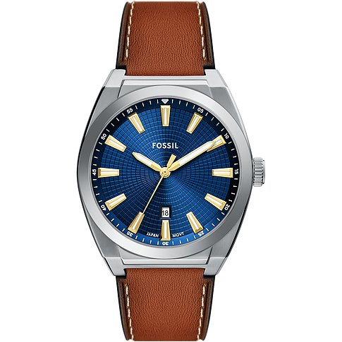 Montre Fossil pour homme avec boîtier en acier inoxydable, cadran bleu et bracelet en cuir marron.