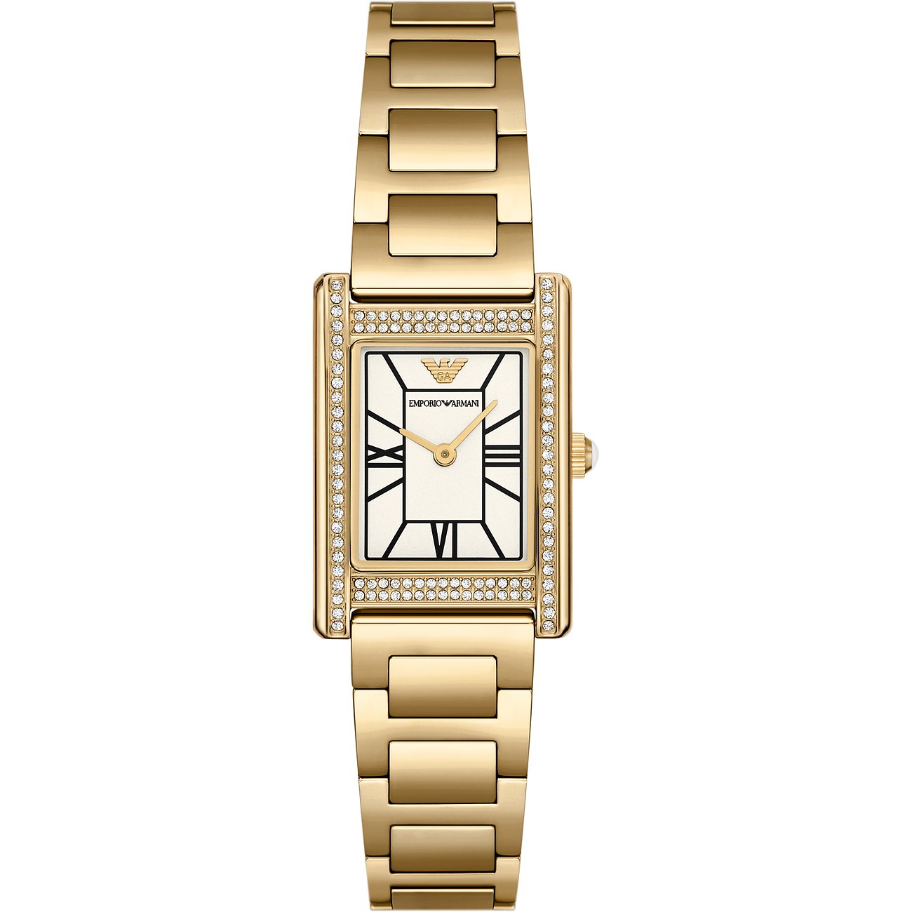 Emporio Armani Damenuhr aus Edelstahl mit Zirkonia-Besatz und römischen Ziffern.