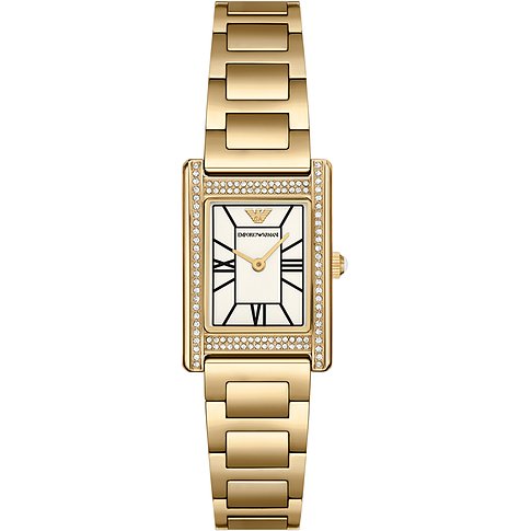 Emporio Armani Damenuhr aus Edelstahl mit Zirkonia-Besatz und römischen Ziffern.