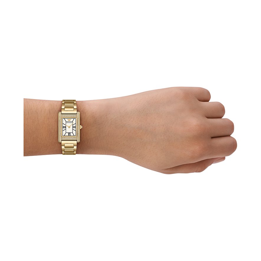 Emporio Armani Damenuhr mit Edelstahlgehäuse, analog, mit Steinen besetzter Lünette.