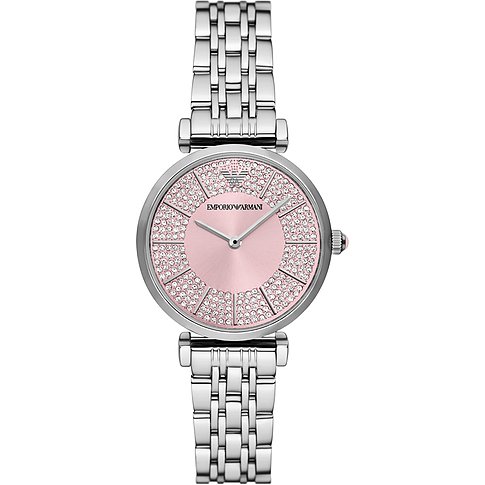 Emporio Armani Damenuhr mit Edelstahlgehäuse, rosafarbenem Zifferblatt und vielen Steinen.
