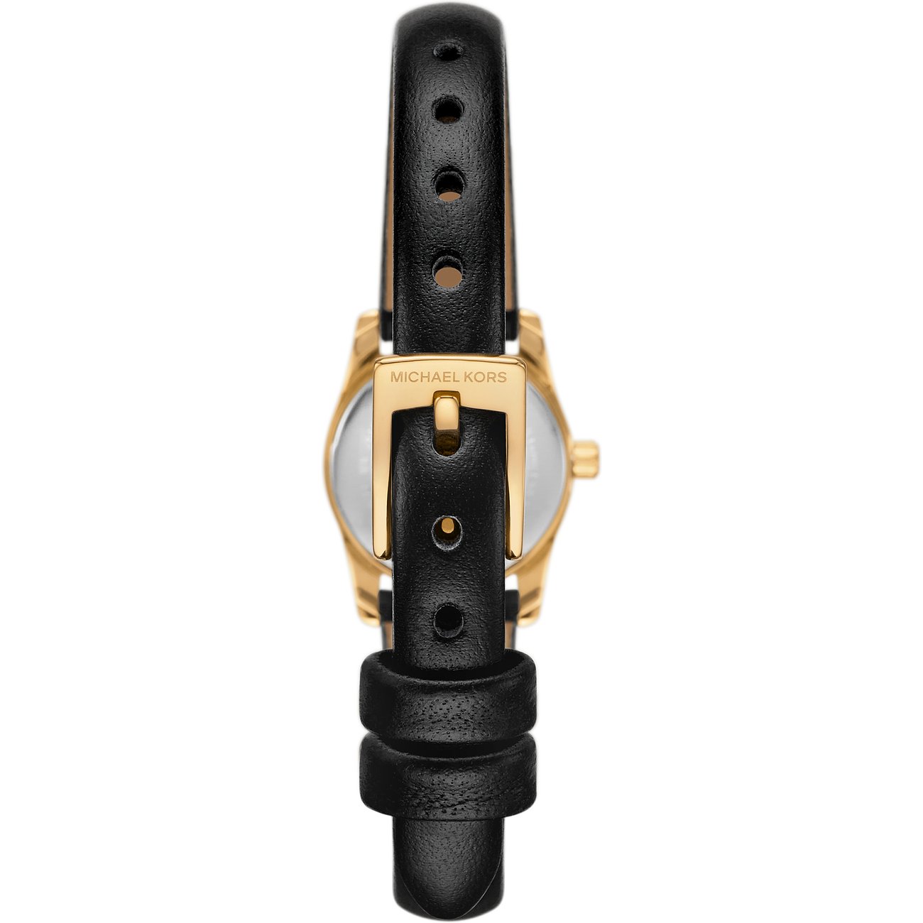 Michael Kors dameur med urkasse i rustfrit stål, sort læderrem og guldfarvet spænde.