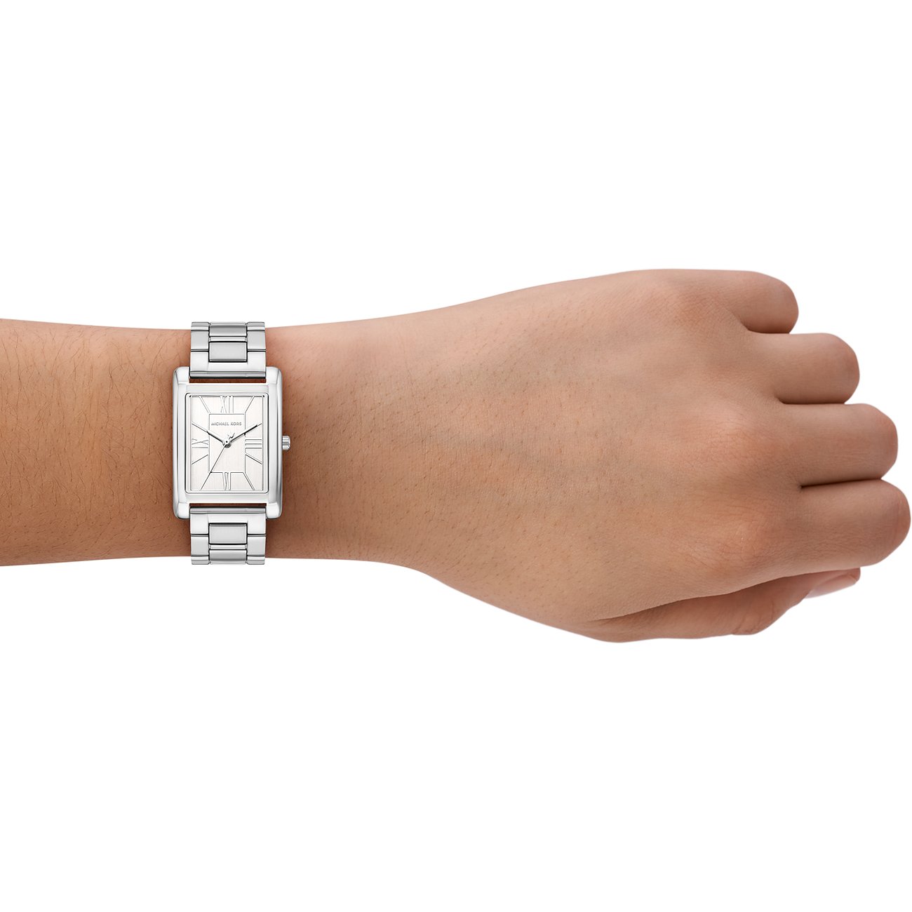 Michael Kors Damenuhr mit Edelstahlgehäuse, silberfarben, analog mit römischen Ziffern.