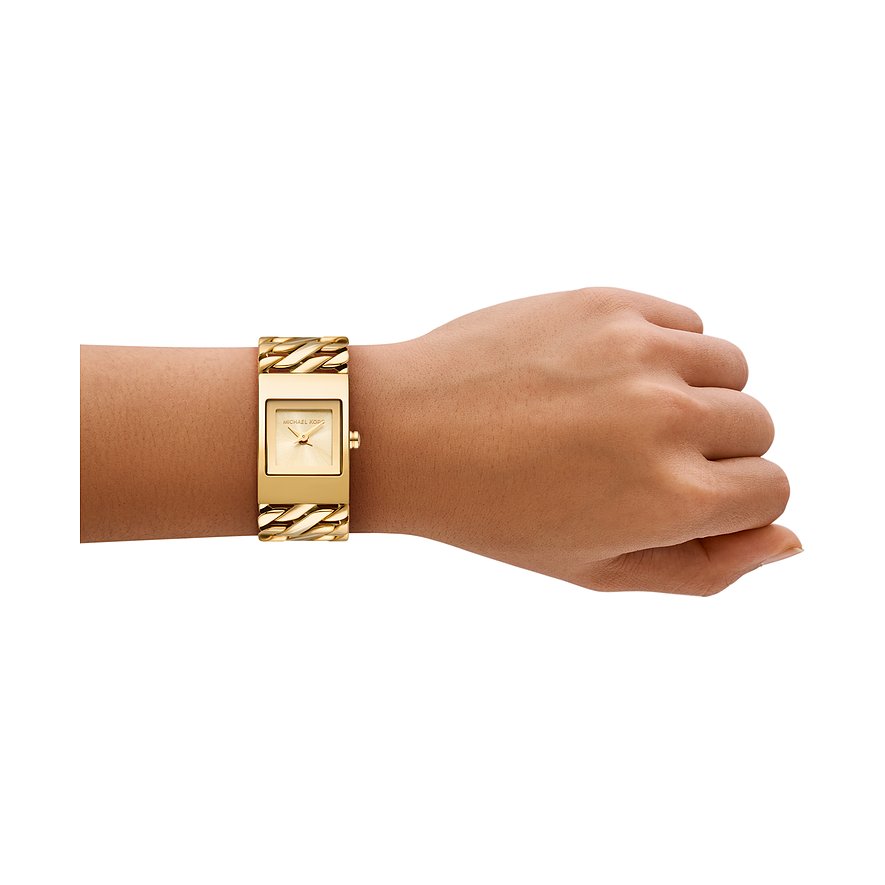 Michael Kors Damenuhr mit Edelstahlgehäuse, goldfarben, analog, mit Gliederarmband.