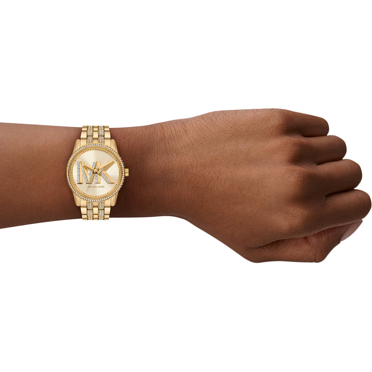 Michael Kors damklocka i rostfritt stål, guldfärgad, med stenprydd infattning.