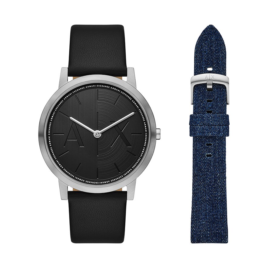 Montre Armani Exchange pour homme avec boîtier en acier inoxydable, cadran noir et bracelet bleu.