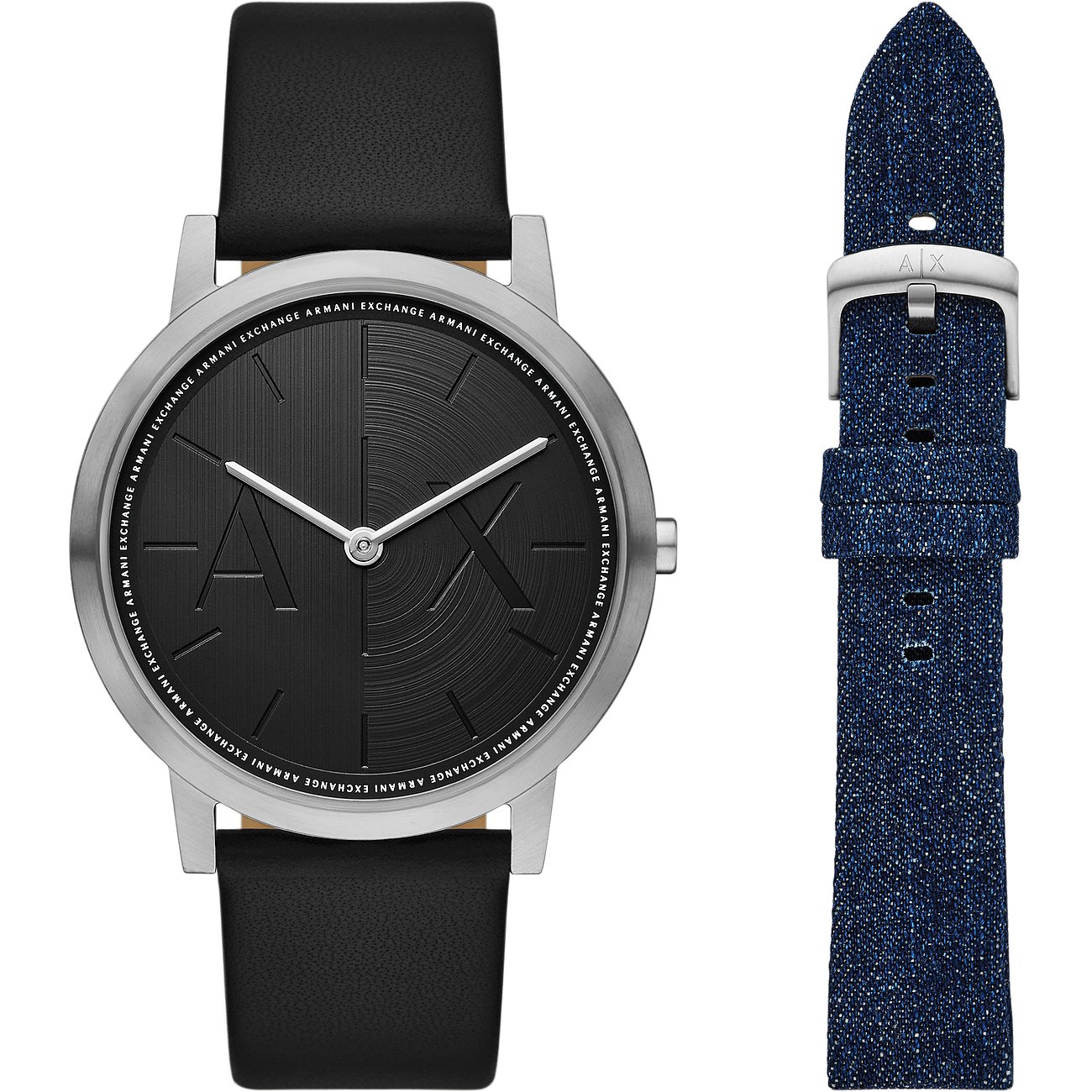 Montre Armani Exchange pour homme avec boîtier en acier inoxydable, cadran noir et bracelet bleu.