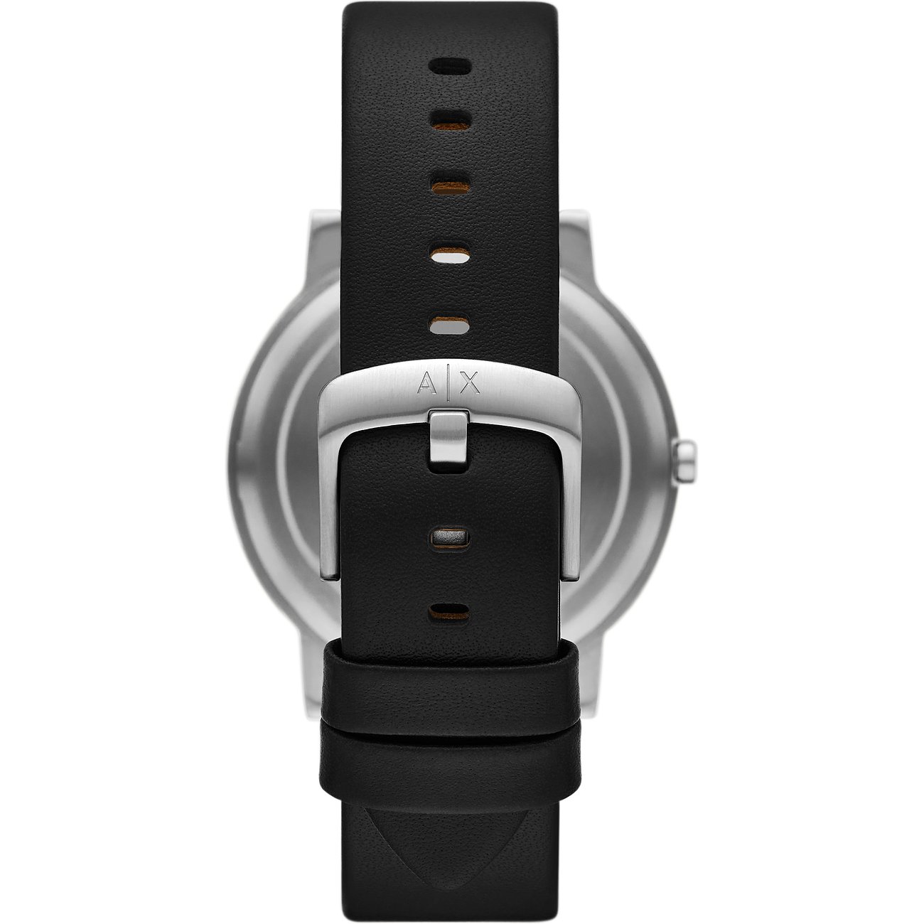 Montre Armani Exchange pour femme avec boîtier en acier inoxydable et bracelet en cuir noir.