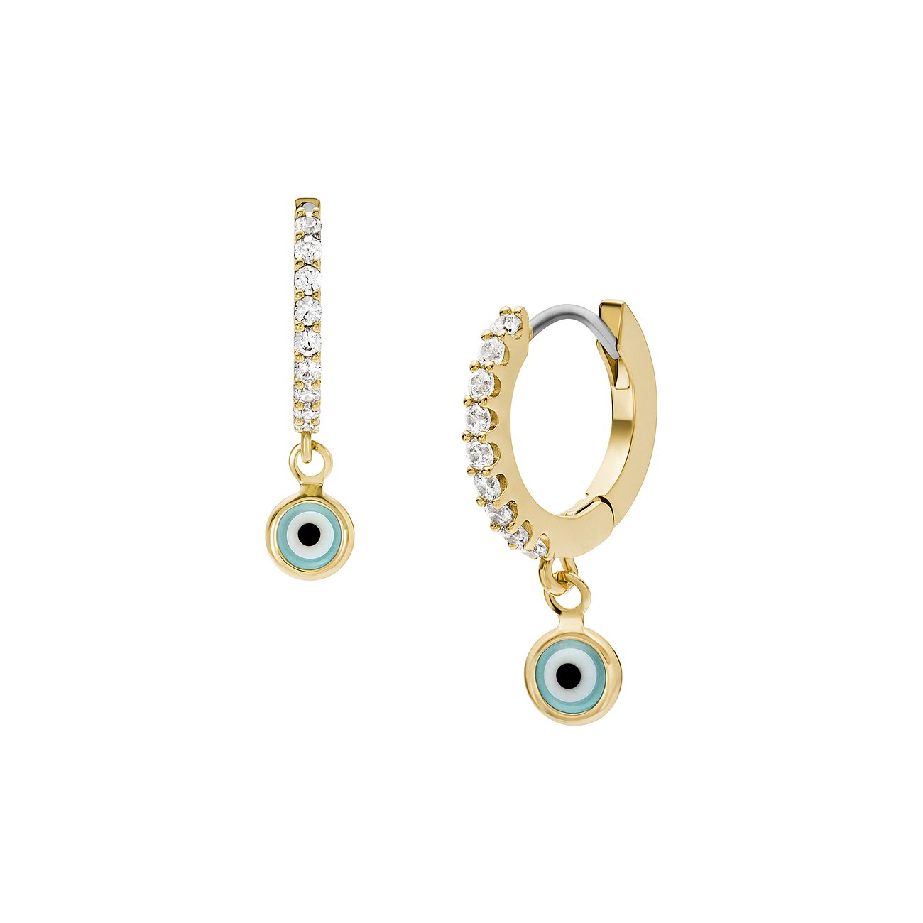 Fossil Ohrringe aus Metall mit Glasstein-Besatz und Nazar-Amulett.