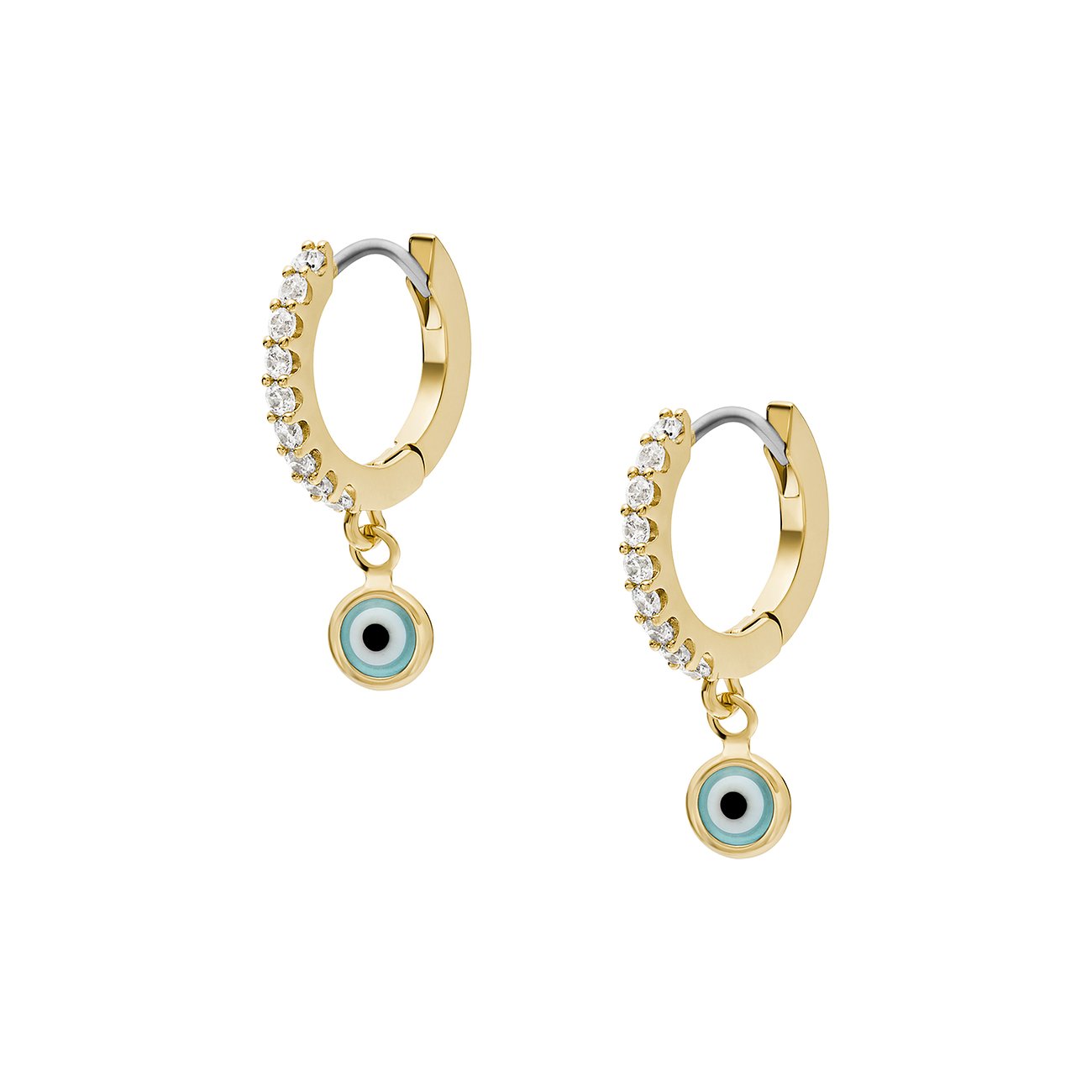 Fossil Ohrringe aus Metall mit Glassteinen und Nazar-Amulett.