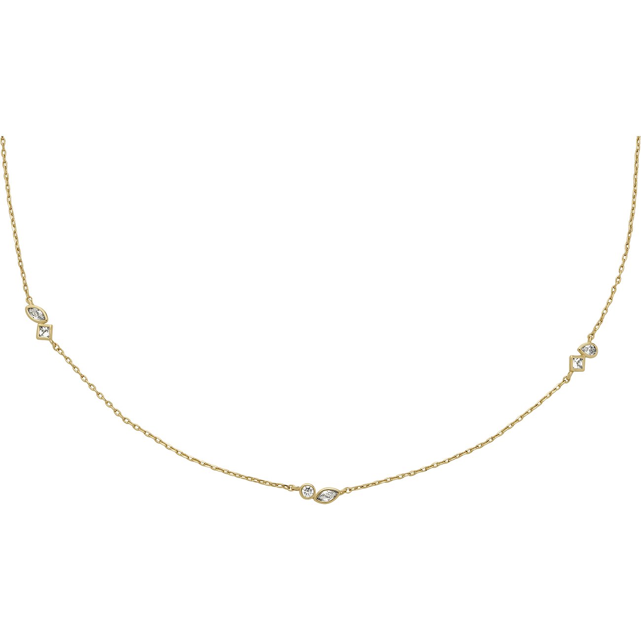 Fossil Halskette aus Metall mit Glassteinen, goldfarben, als Kette mit Anhängern.