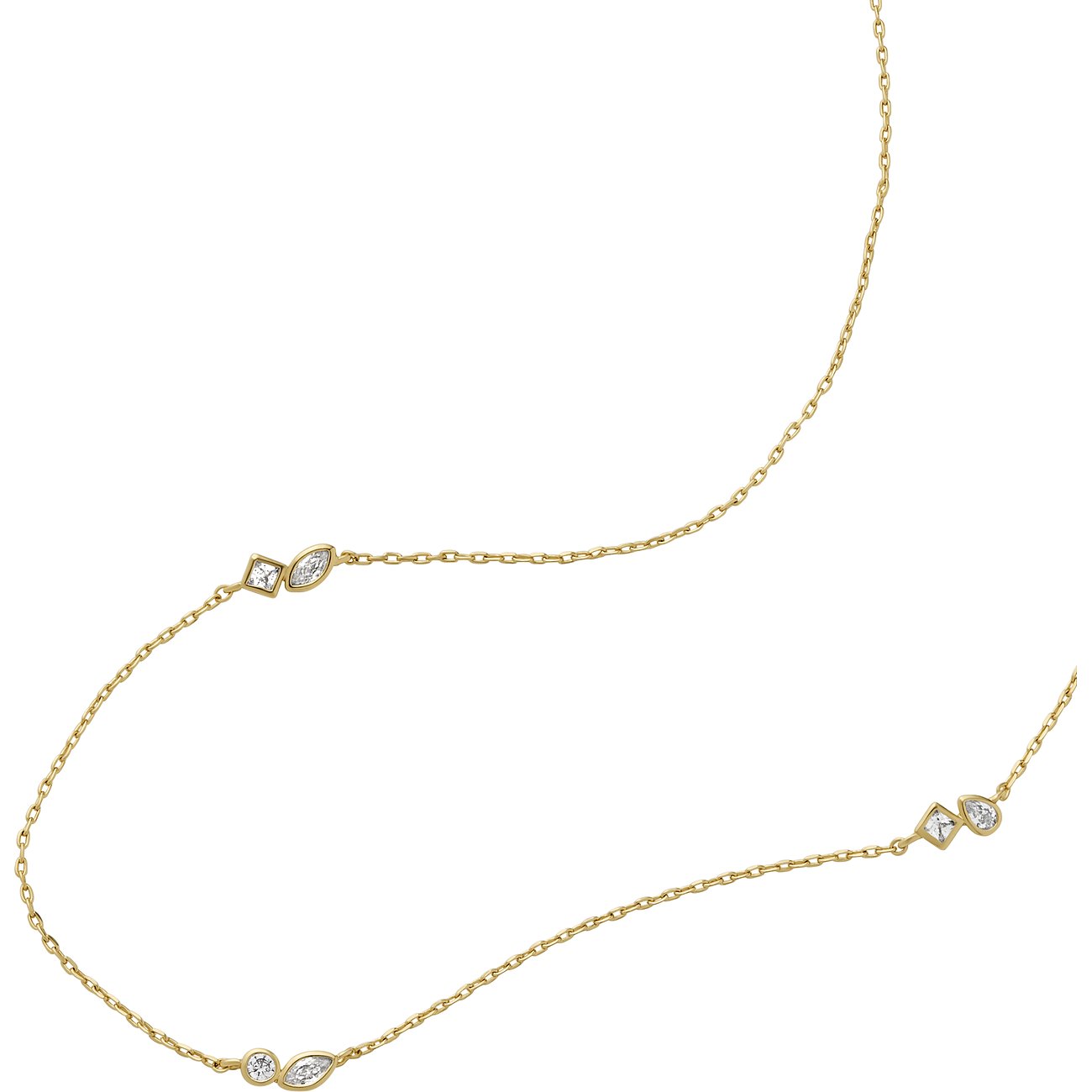 Fossil Halsschmuck aus Metall mit Glassteinen, als Kette mit Anhängern.