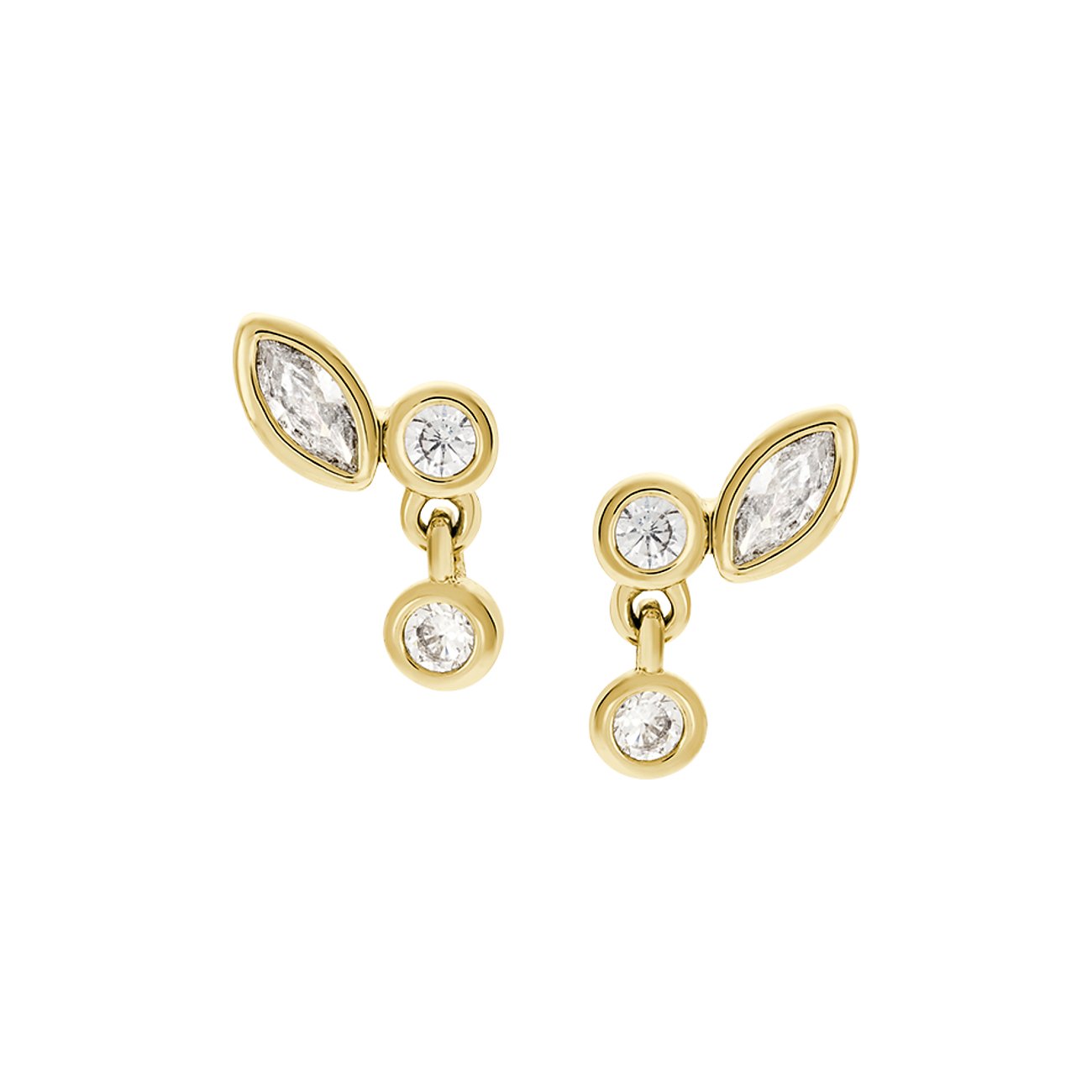 Fossil Ohrringe aus Metall mit Glassteinen, Tropfenform.